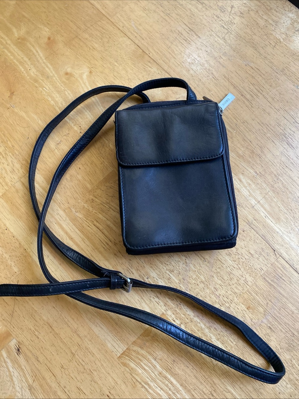 Hobo International crossbody Black Leather canvas bag 4.5x6x2”